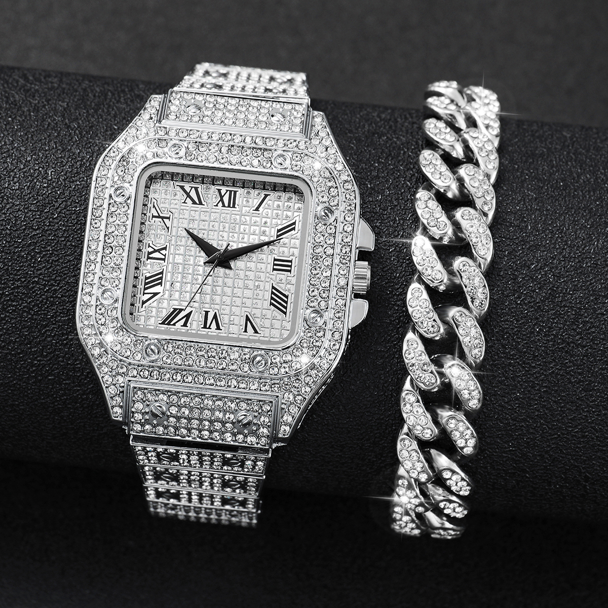 2PCS Iced Out Square Watch & C - Luxury Watch Diamond บทวิจารณ์และราคา