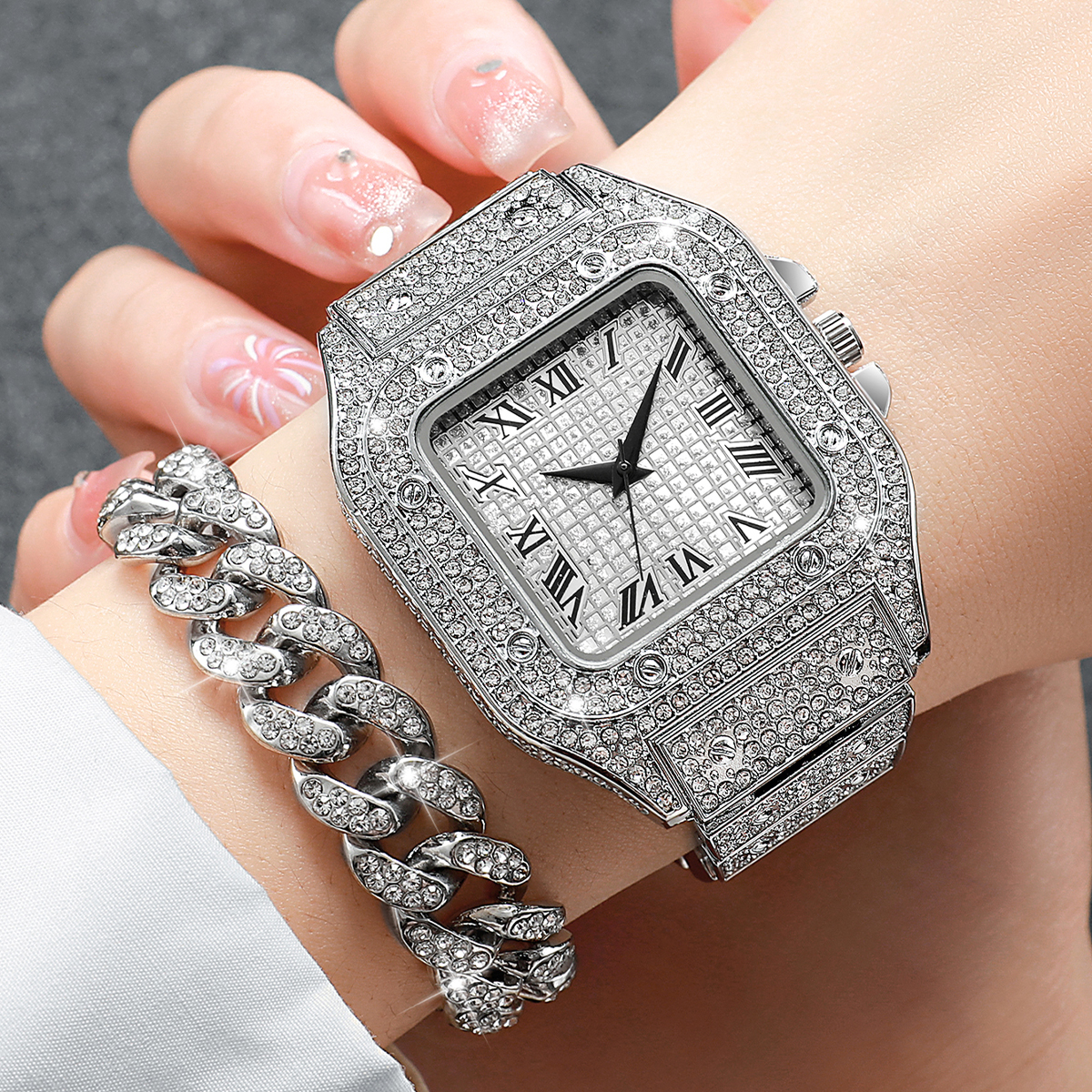 2PCS Iced Out Square Watch & C - Luxury Watch Diamond บทวิจารณ์และราคา