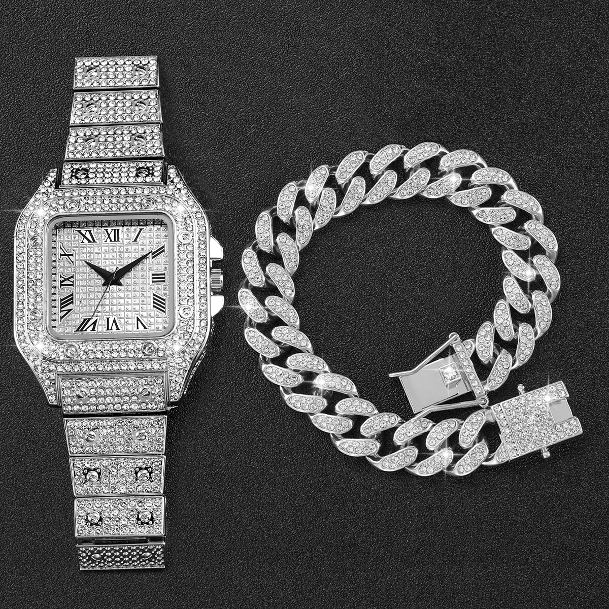 2PCS Iced Out Square Watch & C - Luxury Watch Diamond บทวิจารณ์และราคา