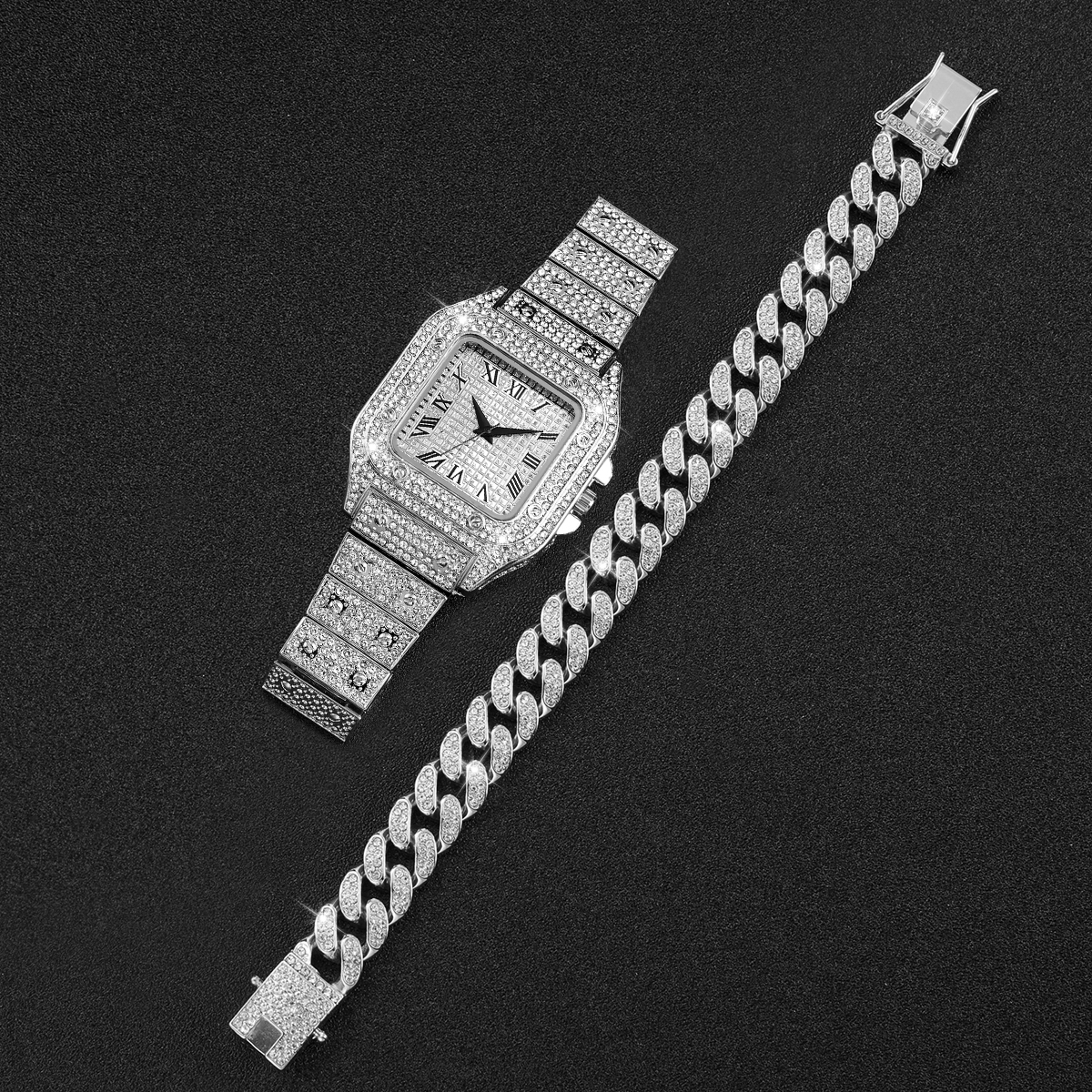 2PCS Iced Out Square Watch & C - Luxury Watch Diamond บทวิจารณ์และราคา